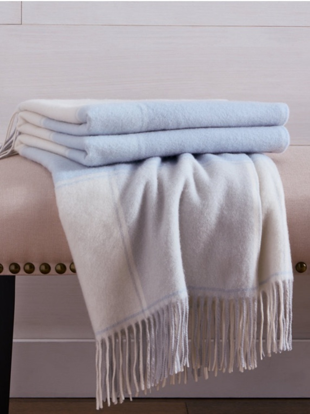 Charter Club 100% Cashmere Blue/Gray Plaid Fringe Throw Blanket